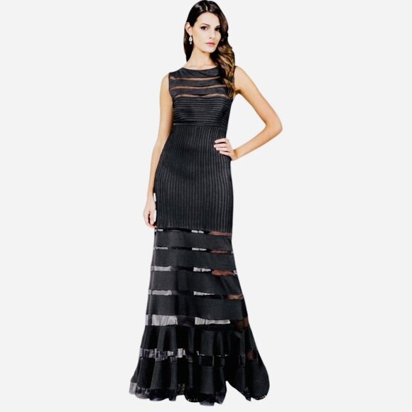 Tadashi Shoji Sz S Sheer Mesh Gown Dress Ribbed Top Flare Hem Dark Fairy Goth - Picture 1 of 16
